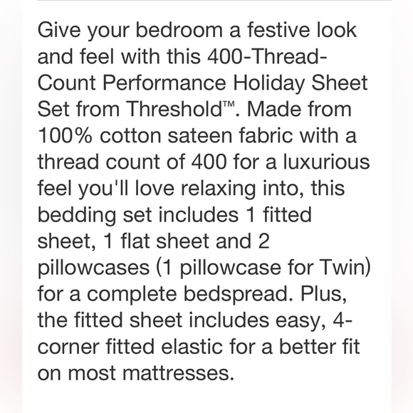 THRESHOLD NEW 400tc performance holiday sheet set -twin - Picture 6 of 8